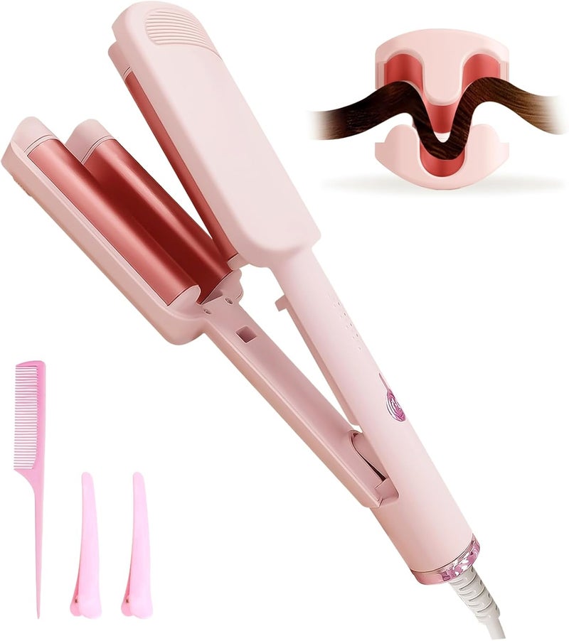 ZWIKAGEF Deep Beach Waver & Curling Iron, Ionic Waver Hair Curler Tool, Ceramic 3 Barrel Curler Wand for Short Hair Women (Pink) - Image 1
